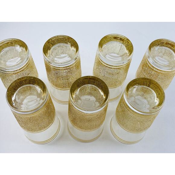 Set of 7 MCM Vintage Culver High ball Cocktail Glasses Tumblers Gold Band Bottom - Picture 9 of 10